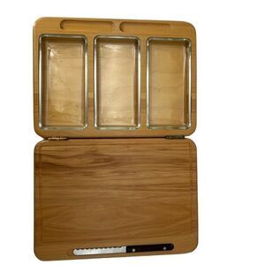 VTG Wooden Barware Condiment Cutting Board Knife‎ & Glass Inserts Cheese